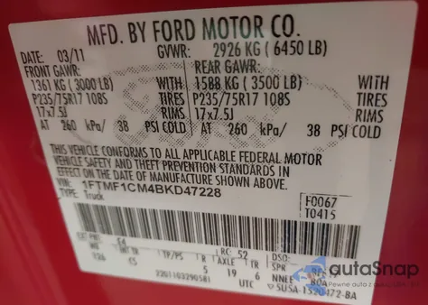 2011 Ford F-150 Xl из США, поврежденный, VIN 1FTMF1CM4BKD47228